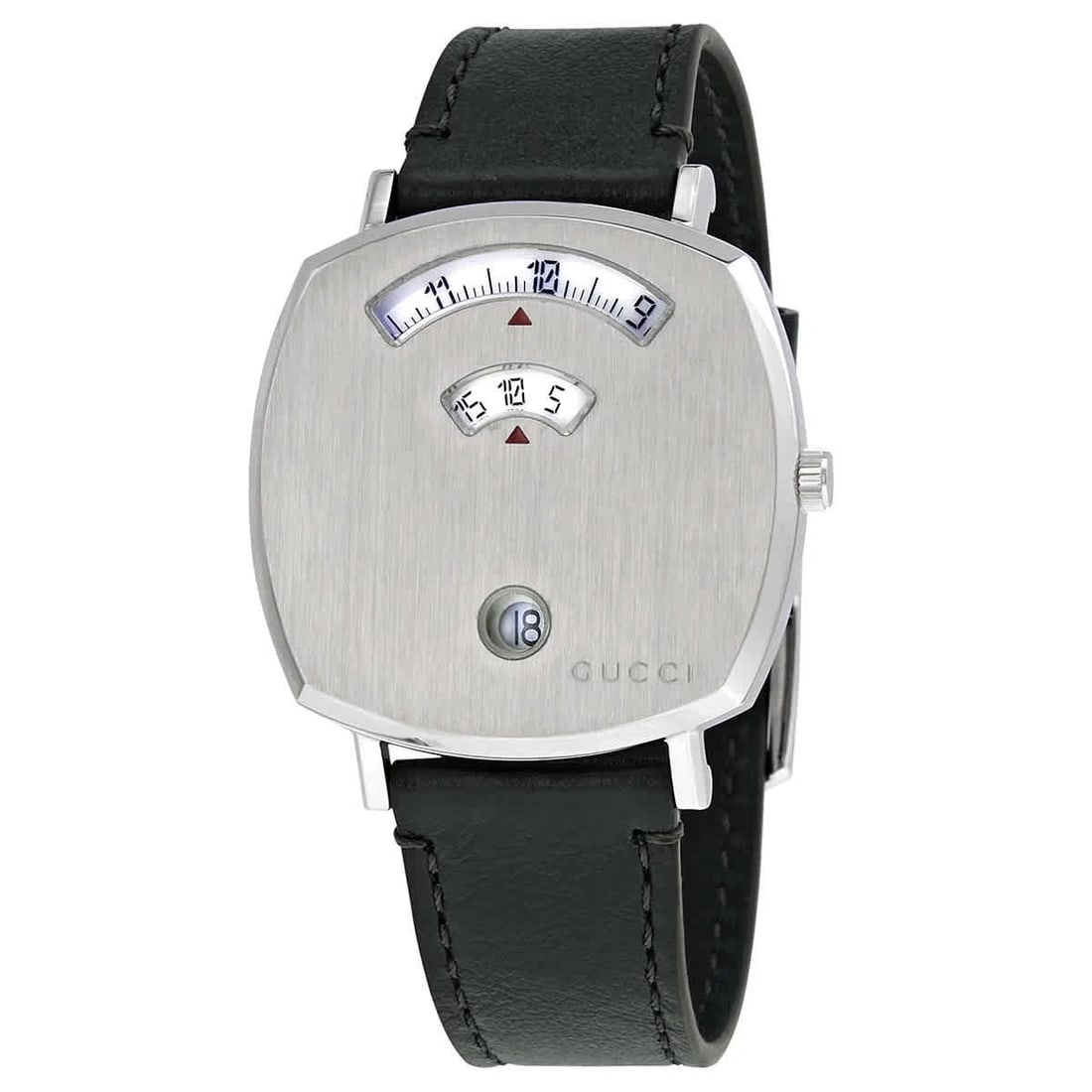 GUCCI GRIP QUARTZ WATCH: Gucci Grip Quartz Watch Brand: Gucci Type: Wristwatch Material: Band Material Leather, Case Material Stainless Steel Color: Case Color none, Band Color Green, Dial Color none Size: Case Size: 35 m