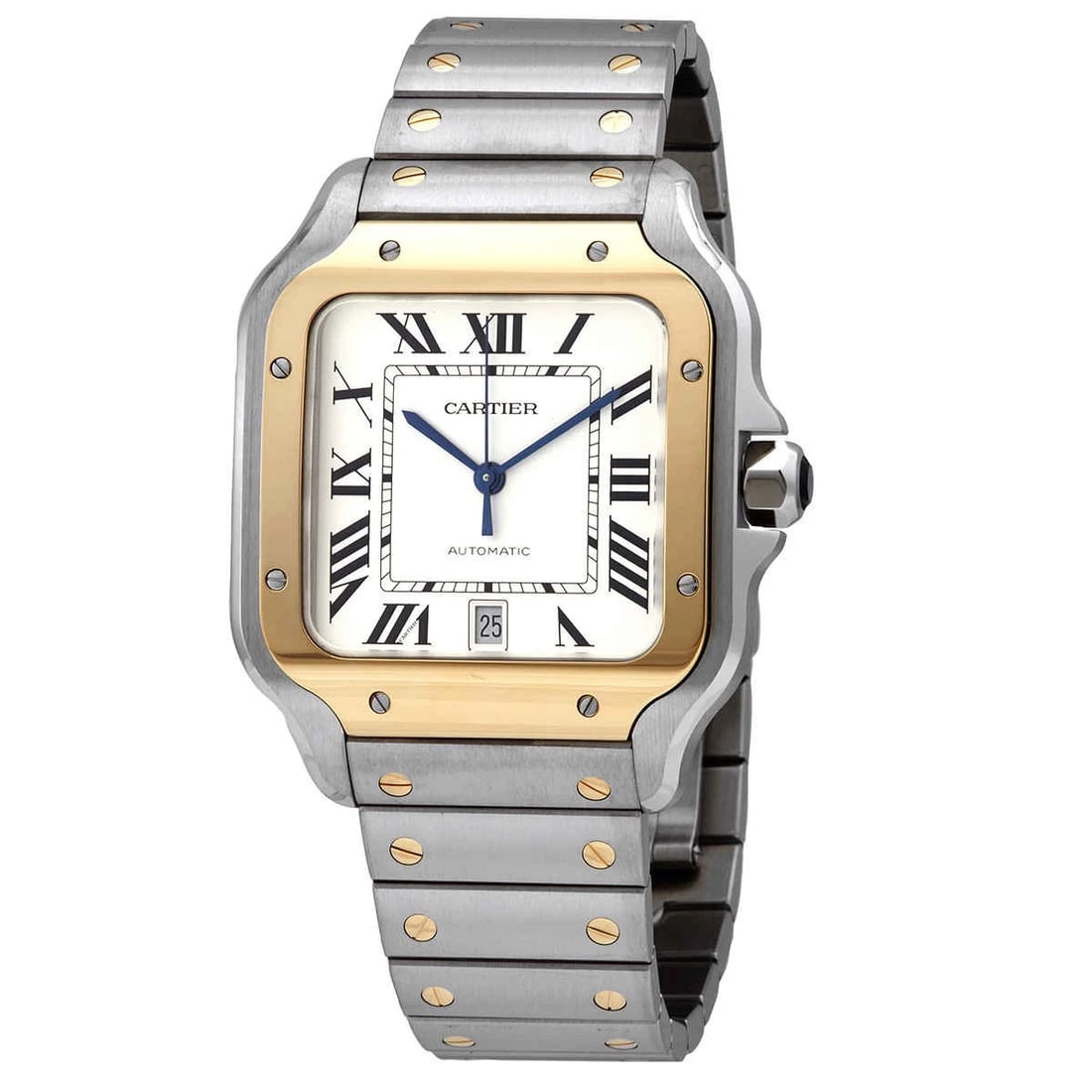 CARTIER SANTOS AUTOMATIC SILVER DIAL LARGE WATCH: Cartier Santos Automatic Silver Dial Large Watch Brand: Type: Wristwatch Material: Band Material Steel, Case Material Steel Color: Case Color Silver, Band Color Silver, Dial Color Silver Size: Cas