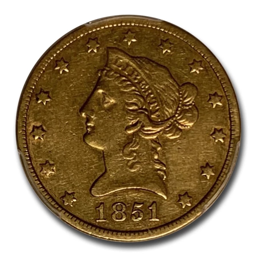 1851-O LIBERTY GOLD EAGLE XF-40 PCGS: 1851-O Liberty Gold Eagle XF-40 PCGS Brand: US Mint Brand/Mint: None Grade: None Coin: None Year: 1851 Fineness: 0.9 Country/Region of Manufacture: United States Certification: P