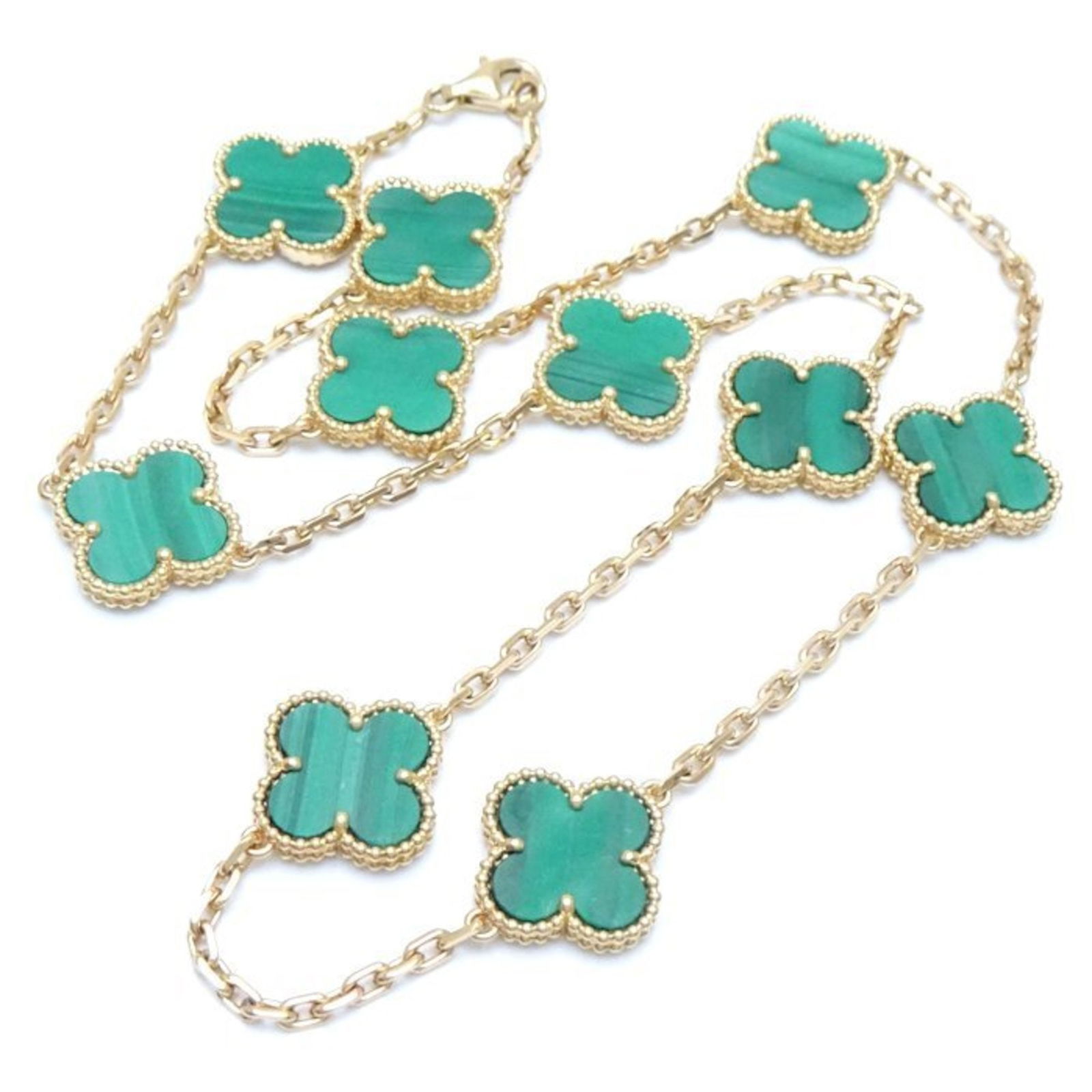 VAN CLEEF & ARPELS ALHAMBRA NECKLACE 10P MALACHITE: Van Cleef & Arpels Alhambra Necklace 10P Malachite Brand: Van Cleef & Arpels Type: Necklace Material: Yellow gold (18K) Color: Yellow gold Size: Neck Circumference 45.5 cm / 17.91'' Pendant Size 1
