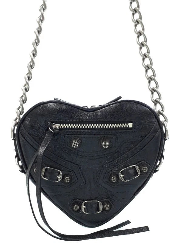 BALENCIAGA LE CAGOLE HEART MINI CHAIN SHOULDER BAG: Balenciaga Le Cagole Heart Mini Chain Shoulder Bag Brand: Balenciaga Type: Chain Shoulder Bag Material: Vintage processed leather Color: Black Size: W:15cm H:14cm D:4cm Shoulder:100cm Accessories