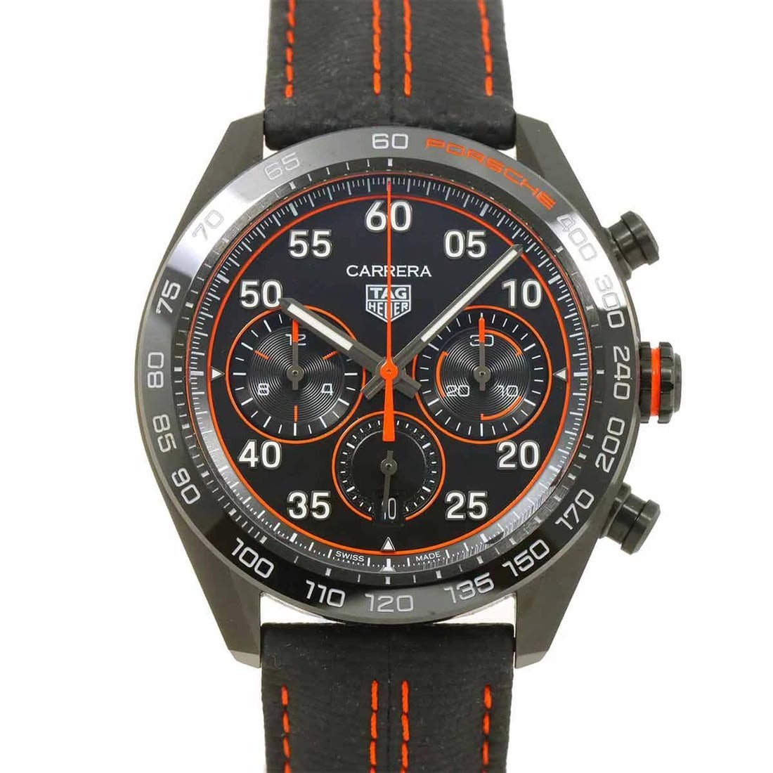 TAG HEUER CARRERA CHRONOGRAPH PORSCHE BLACK DIAL WATCH: TAG Heuer Carrera Chronograph Porsche Black Dial Watch Brand: TAG Heuer Type: Wristwatch Material: Stainless steel/DLC,calfskin Color: Black Size: Case Size Length 49mm(included lag) Width 44mm(not in