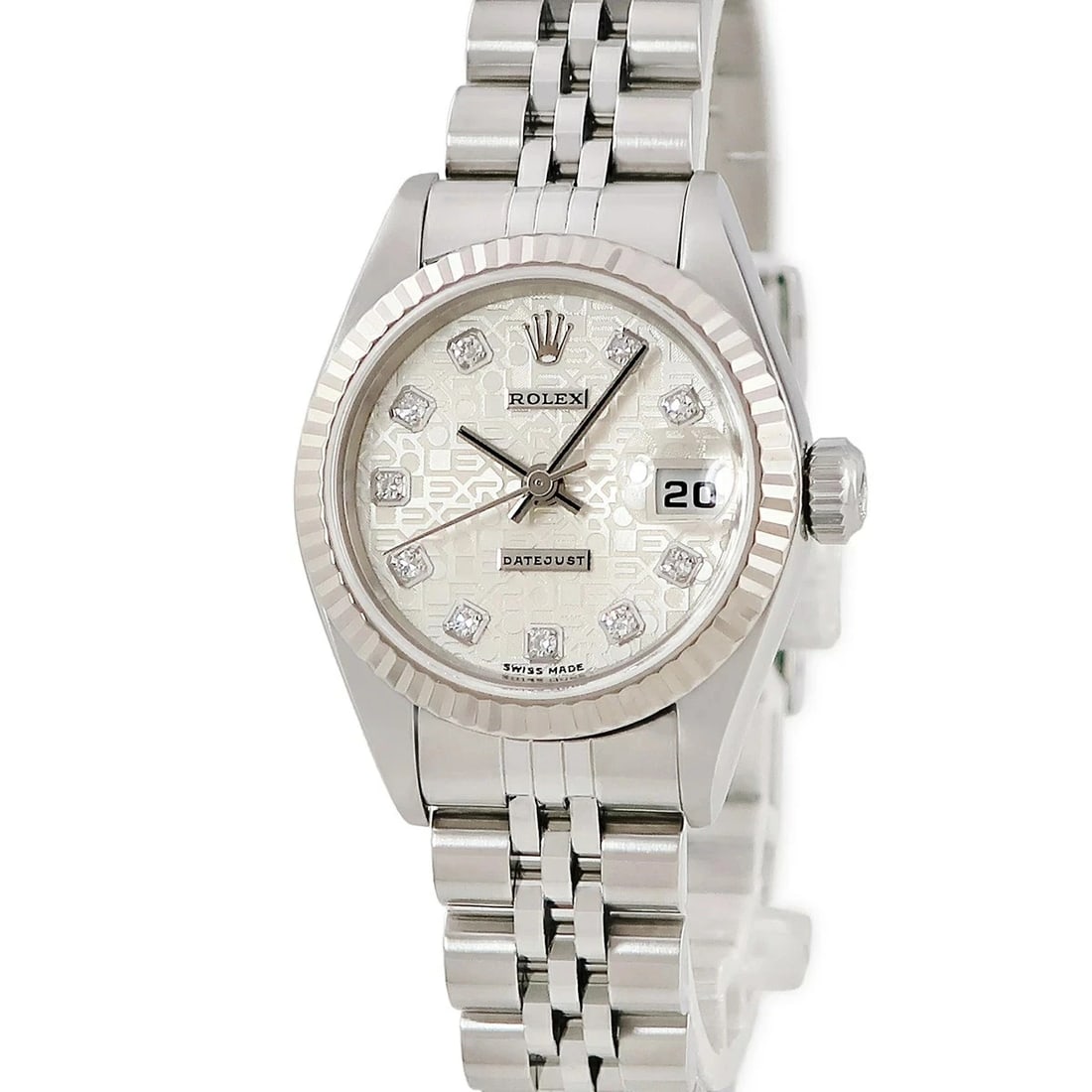 ROLEX DATEJUST SILVER CASE USED WATCH: ROLEX Datejust Silver Case Used Watch Brand: ROLEX Type: N/A Material: Stainless Steel K18Wg Genuine Diamond Index Genuine Engraved Comp, N/A Color: Silver Case Size: 26mm Accessories: None