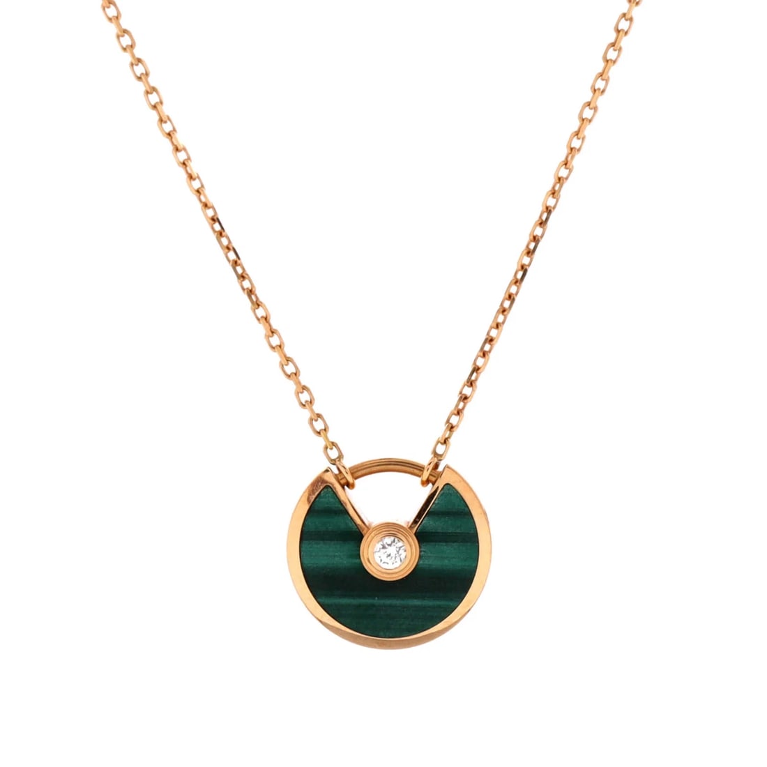 CARTIER AMULETTE DE CARTIER PENDANT NECKLACE: Cartier Amulette de Cartier Pendant Necklace Brand: Cartier Type: Necklace Material: 18K Rose Gold, Malachite Color: Rose Gold Size: Measurements: Length: 16.00 - 14.75 ", Pendant Length: 11.25 mm