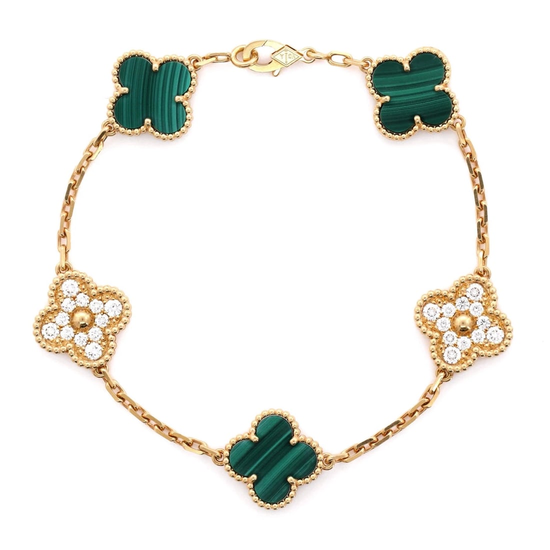 VAN CLEEF & ARPELS VINTAGE ALHAMBRA BRACELET: Van Cleef & Arpels Vintage Alhambra Bracelet Brand: Van Cleef & Arpels Type: Bracelet Material: 18K Yellow Gold,Malachite Color: Yellow Gold Size: Measurements: Circumference: 7.50 ", Width: 14.85