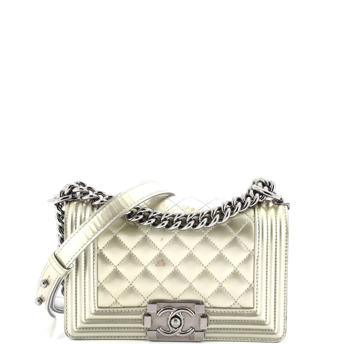 CHANEL BOY FLAP BAG QUILTED PATENT SMALL: Chanel Boy Flap Bag Quilted Patent Small Brand: Chanel Type: Cross Body Bags Exterior Material: Patent Leather Exterior Color: Silver Size: Measurements: Handle Drop 21", Height 5", Width 8", Dept