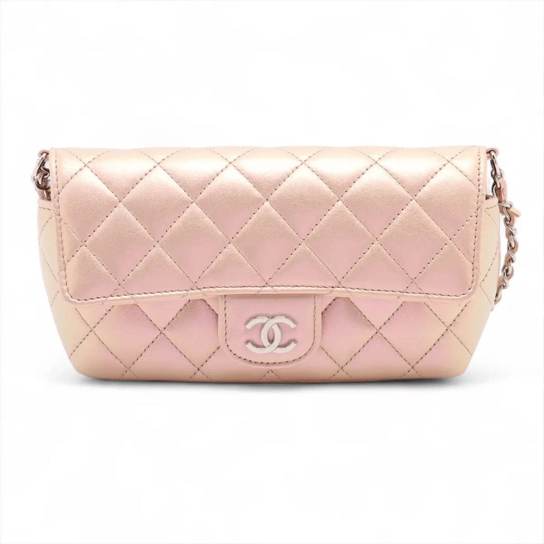 CHANEL MATELASSE LAMBSKIN GLASSES CASE CHAIN: Chanel Matelasse Lambskin Glasses Case Chain Brand: Chanel Type: Pouch Material: Lambskin Color: Pink Size: Size(Inch)Height:3.5inch Length:7.1inch Depth:1.8inch Accessories: None Accessor