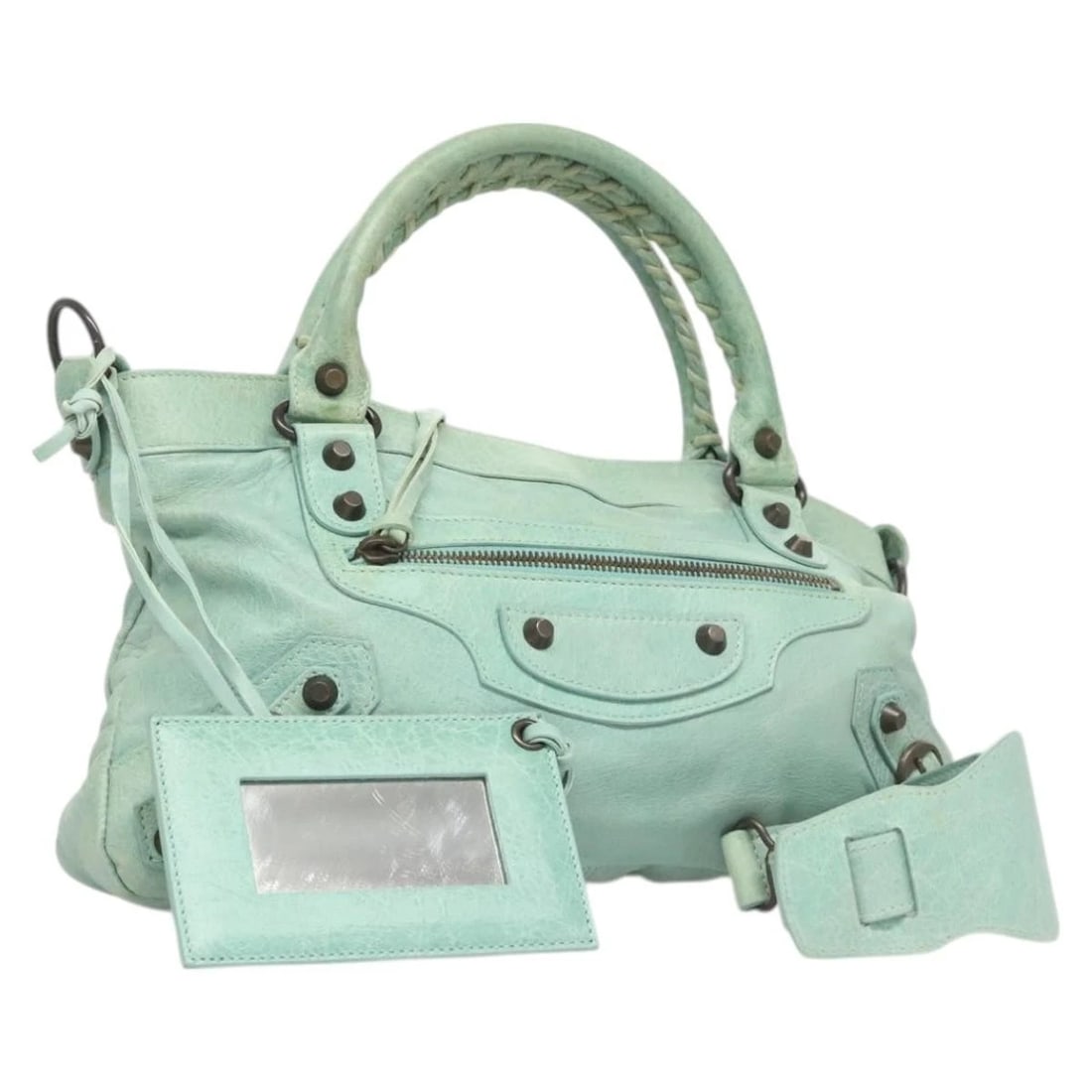 BALENCIAGA CITY HAND BAG LEATHER GREEN HAND BAG: BALENCIAGA City Hand Bag Leather Green Hand Bag Brand: BALENCIAGA Type: Hand Bag Material: Leather Color: Green Size: (Inch) W13.4 x H7.5 x D1.2inch(Approx) Shoulder Drop:7.1inch(Approx) Handle Dr