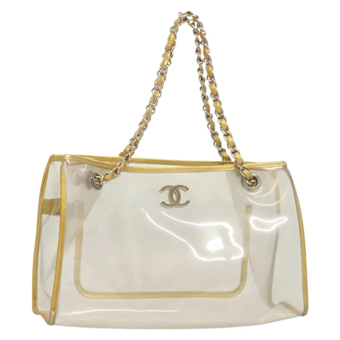CHANEL CHAIN TOTE BAG VINYL LEATHER CLEAR GOLD SILVER TOTE BAG: CHANEL Chain Tote Bag Vinyl Leather Clear Gold Silver Tote Bag Brand: CHANEL Type: Tote Bag Material: Vinyl Color: Clear / Gold / Silver Size: Size(Inch) W13.4 x H7.9 x D3.9inch(Approx) Handle Dro