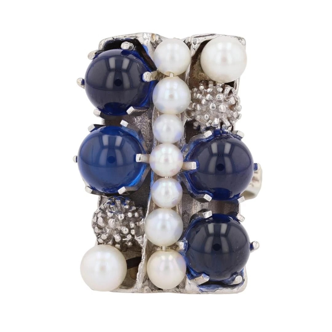 LAB-CREATED ROUND SPINEL & PEARL CLUSTER RING: Lab-Created Round Spinel & Pearl Cluster Ring Brand: Unbranded Type: Ring Material: White Gold Color: None Size: 6.75 US Accessories: None Accessories Notice: When purchasing pre-owned goo