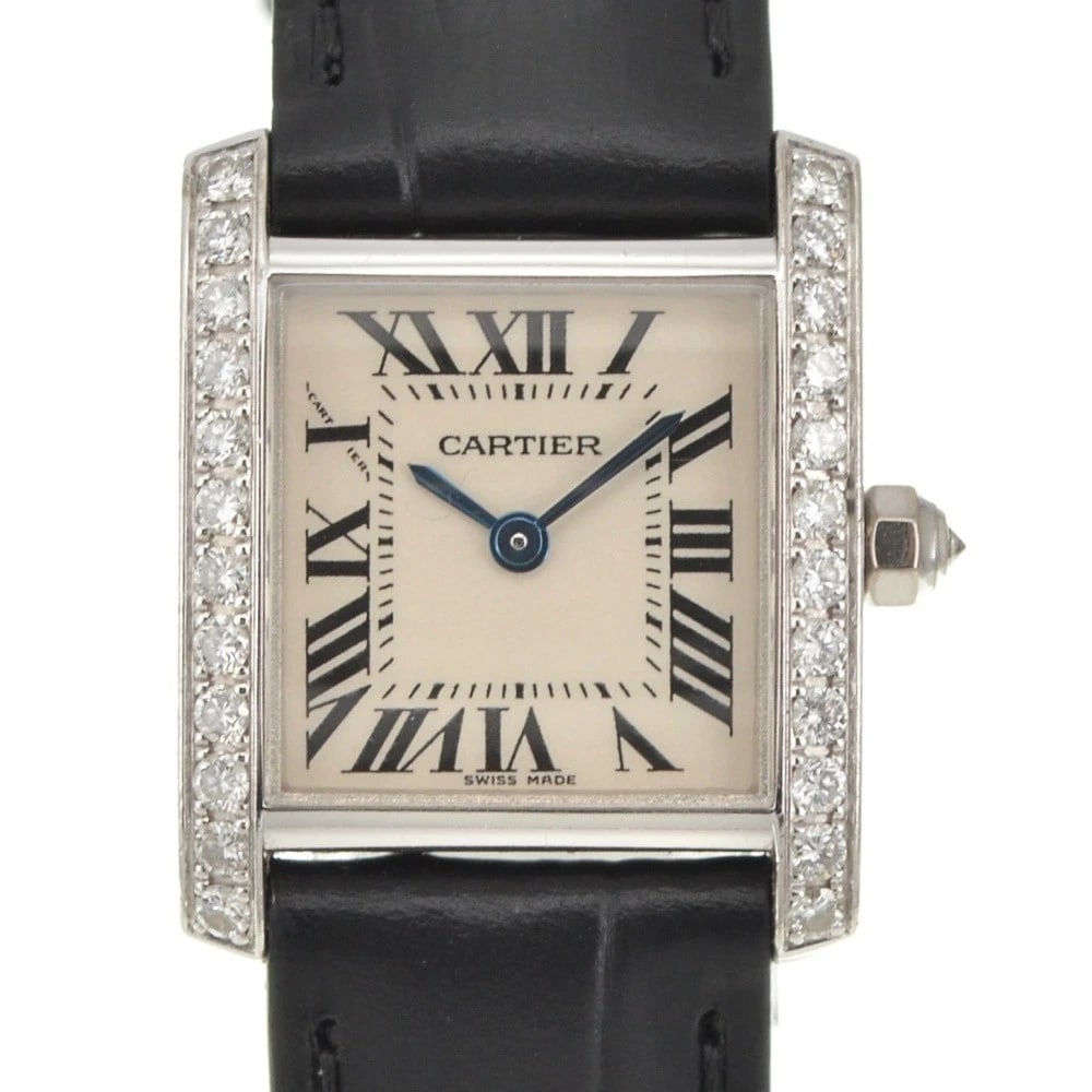 CARTIER TANK FRANCAISE SM DIAMOND BEZEL QUARTZ WATCH: CARTIER Tank francaise SM Diamond Bezel Quartz Watch Brand: CARTIER Type: Wristwatch Material: Band Material leather, Case Material K18WG Color: Dial Color Silver, Case Color Silver Size: Case Siz