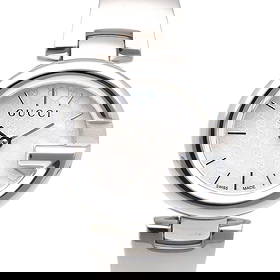 GUCCI WATCHES STAINLESS STEEL WHITE SHELL WATCH: GUCCI Watches Stainless Steel White shell Watch Brand: GUCCI Type: Wristwatch Material: Stainless Steel Color: Silver / white Size: Case:W1.1inch x H0.9inch/ W27.0mm x H24.0mm Band Length:6.7inch