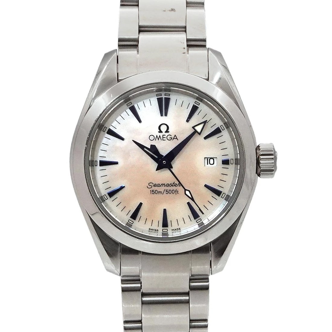 OMEGA SEAMASTER AQUA TERRA DATE WHITE SHELL DIAL WATCH: OMEGA Seamaster Aqua Terra Date White Shell Dial Watch Brand: OMEGA Type: Wristwatch Material: Case:Stainless steel Bracelet:Stainless steel Color: White Shell Dial Size: CaseSize Length 35mm(incl