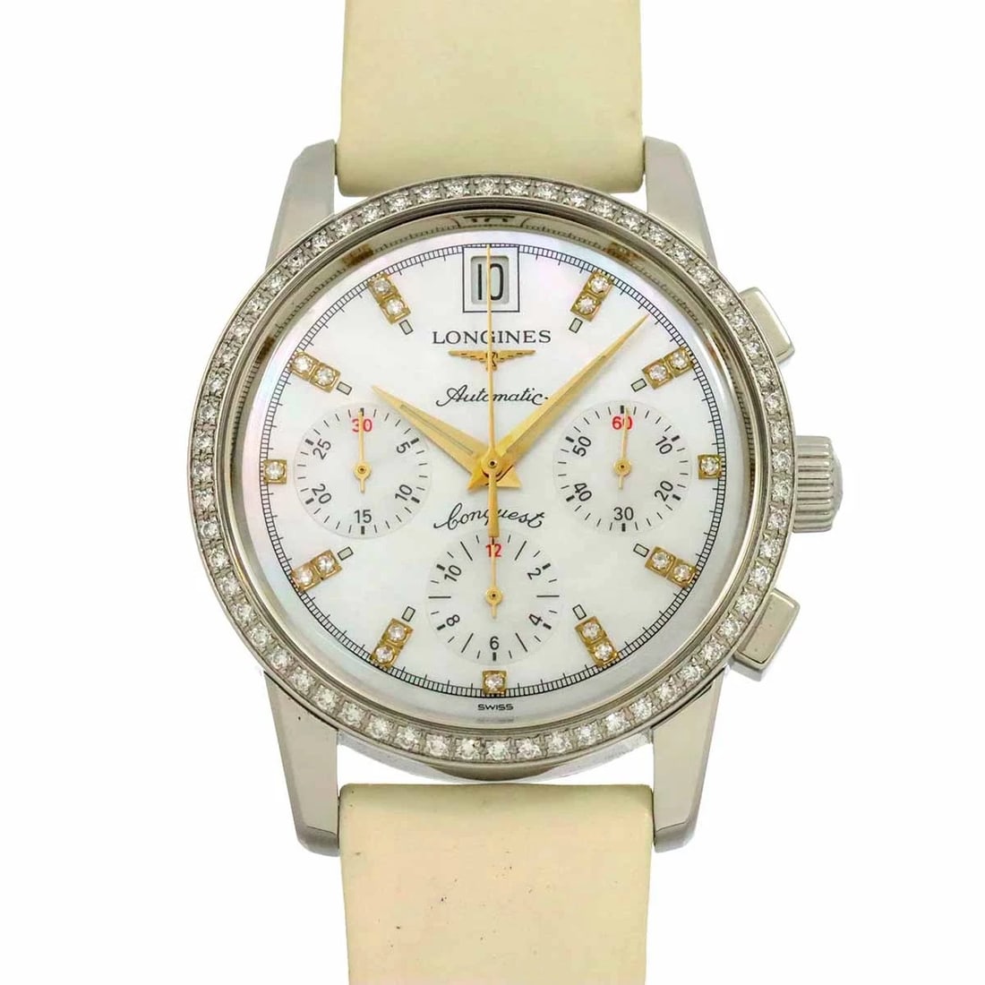 LONGINES CONQUEST AUTOMATIC DIAMOND DATE WHITE SHELL DIAL WATCH: LONGINES Conquest Automatic Diamond Date White Shell Dial Watch Brand: LONGINES Type: Wristwatch Material: Case:Stainless steel Bracelet:Stainless steel,Leather Color: White Shell Dial Size: CaseS