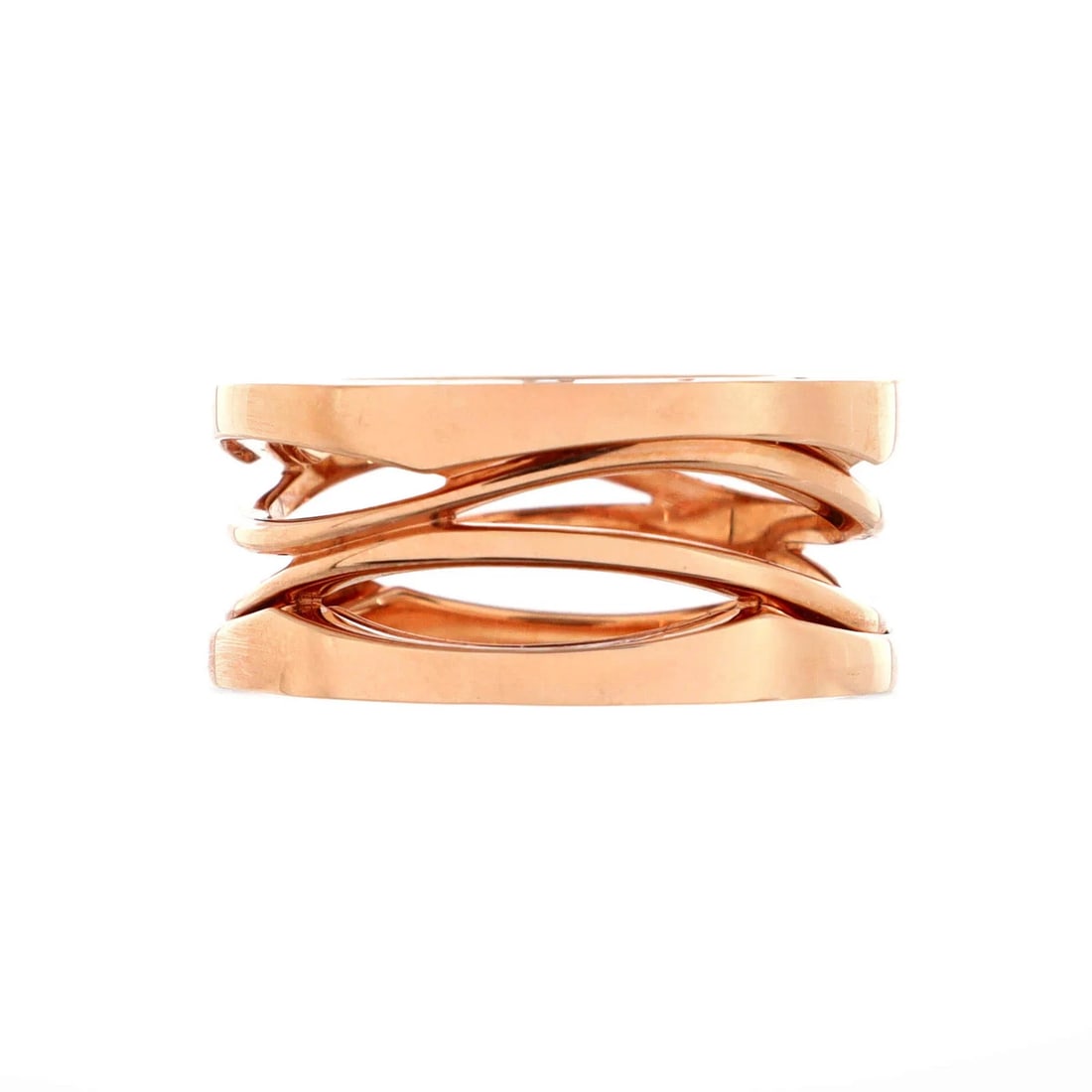 BVLGARI B.ZERO1 DESIGN LEGEND ZAHA HADID THREE BAND RING: Bvlgari B.Zero1 Design Legend Zaha Hadid Three Band Ring Brand: Bvlgari Type: Ring Material: 18K Rose Gold Color: Rose Gold Size: Measurements: Size: 5.75 - 51, Width: 9.40 mm Accessories: None