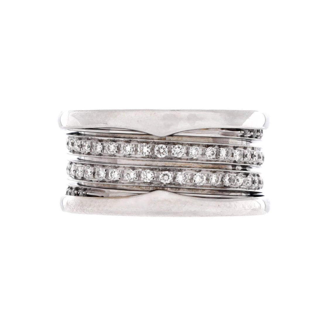BVLGARI B.ZERO1 FOUR BAND RING 18K WHITE GOLD: Bvlgari B.Zero1 Four Band Ring 18K White Gold Brand: Bvlgari Type: Ring Material: 18K White Gold Color: White Gold Size: 5.5 - 5.75 US Accessories: None Accessories Notice: When purchasing