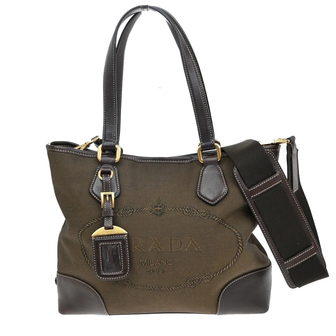 PRADA MILANO LOGO 2WAY SHOULDER HAND BAG JACQUARD LEATHER BROWN: PRADA MILANO Logo 2Way Shoulder Hand Bag Jacquard Leather Brown Brand: PRADA Type: Shoulder Bag Material: Jacquard, Leather Color: Brown Size: ( inch ) W 11 x H 8.7 x D 3.5" (approx.)( inch ) W 11