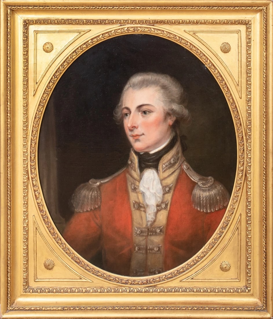 PORTRAIT OF COLONEL GEORGE GUN OIL PAINTING: Year: 18th century Size: 36" x 31" Medium: Oil Description: Large about 1782 Irish military picture of Colonel George Gun, of the Gunsborough Union and Munster Volunteers, oil on canvas. A bust scale 