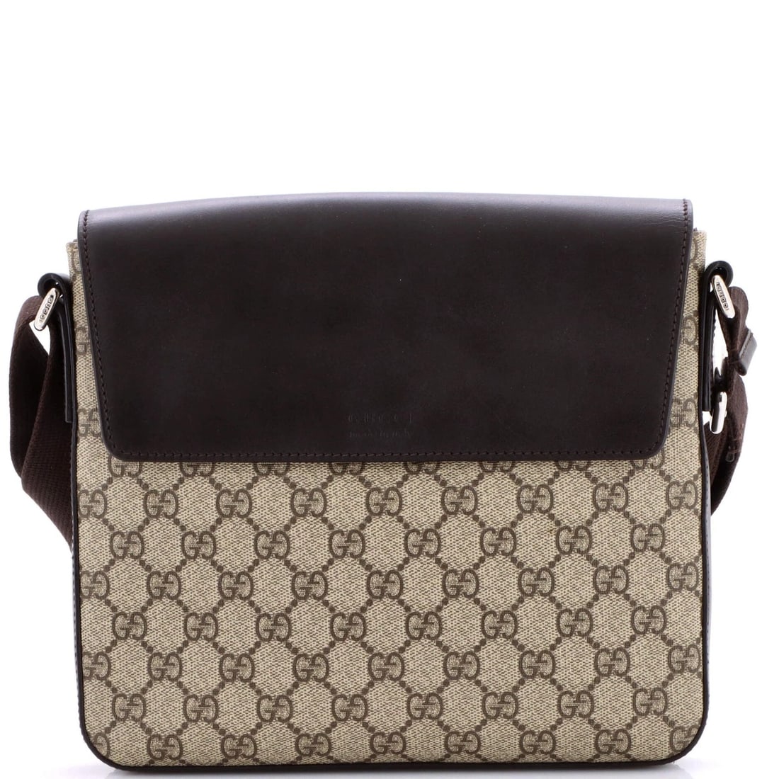 GUCCI FLAP MESSENGER BAG GG COATED CANVAS: Gucci Flap Messenger Bag GG Coated Canvas Brand: Gucci Type: Messenger Exterior Material: Leather, Canvas Coated Exterior Color: Brown Size: Measurements: Height 8.5", Width 10", Depth 1", Strap D