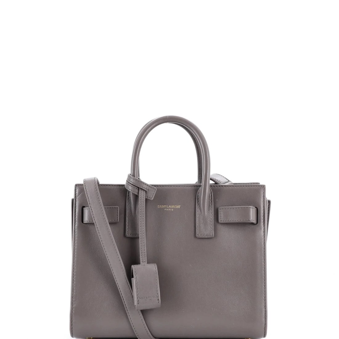 SAINT LAURENT SAC DE JOUR BAG LEATHER NANO: Saint Laurent Sac de Jour Bag Leather Nano Brand: Saint Laurent Type: Totes Exterior Material: Leather Exterior Color: Gray Size: Measurements: Handle Drop 3", Height 7", Width 8.5", Depth 4", Str