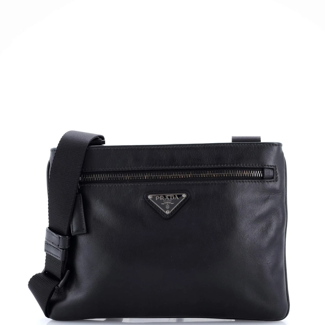 PRADA HARNESS BELT BAG CITY CALF MEDIUM: Prada Harness Belt Bag City Calf Medium Brand: Prada Type: Shoulder Bags Exterior Material: Leather Exterior Color: Black Size: Measurements: Handle Drop 2-15", Height 7", Width 10", Depth 2", Str
