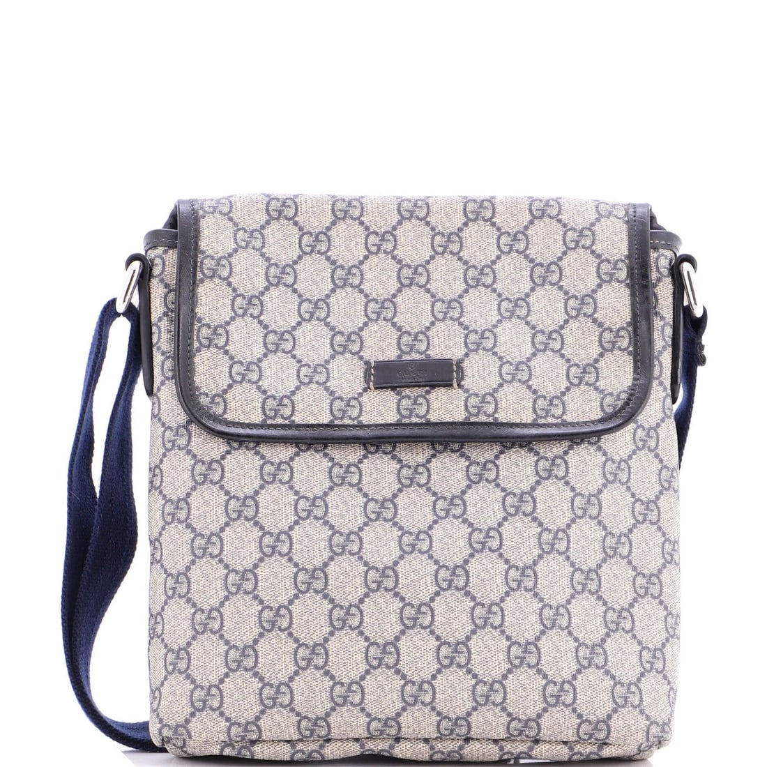 GUCCI FLAP MESSENGER GG COATED CANVAS SMALL: Gucci Flap Messenger GG Coated Canvas Small Brand: Gucci Type: Cross Body Bags Exterior Material: Canvas Coated Exterior Color: Blue Size: Measurements: Handle Drop None", Height 10", Width 8.5", Dept