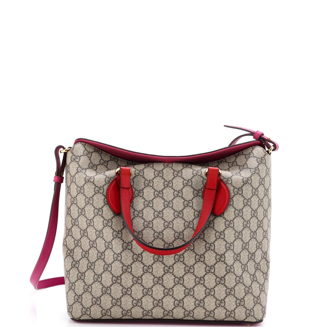 GUCCI SIGNATURE FOLD OVER TOTE GG COATED CANVAS: Gucci Signature Fold Over Tote GG Coated Canvas Brand: Gucci Type: Top Handle Exterior Material: Canvas Coated Exterior Color: Red Size: Measurements: Handle Drop 5", Height 10.5", Width 11", Depth 5"