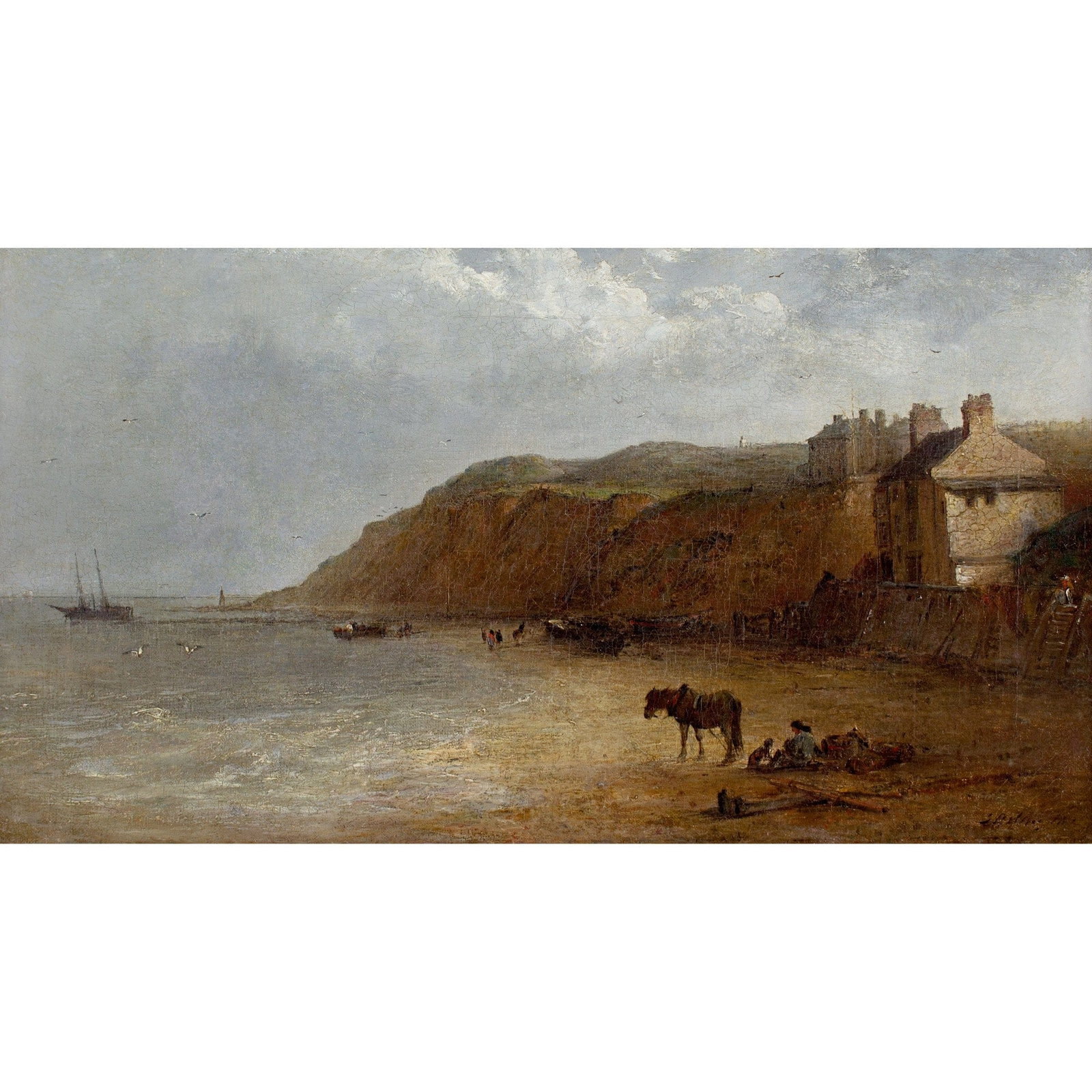 EDWARD ROBERT SMYTHE: HORSES AND FIGURES ON A BEACH WITH STRUCTURES: Year: c. 1880 Size: 23½” x 14½” / 60cm x 37cm Medium: Oil on canvas Description: English painter Edward Robert Smythe (1810–1899) created this oil painting in the late 19th