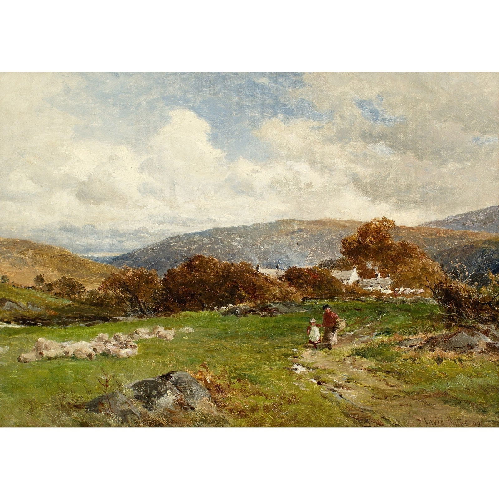DAVID BATES, CAPEL CURIG, BEHIND THE VILLAGE: Year: 1901 Size: 17½” x 13½” / 45cm x 35cm Medium: Oil on canvas laid on board Description: The agricultural landscape of Capel Curig, North Wales, is depicted in this oil pa
