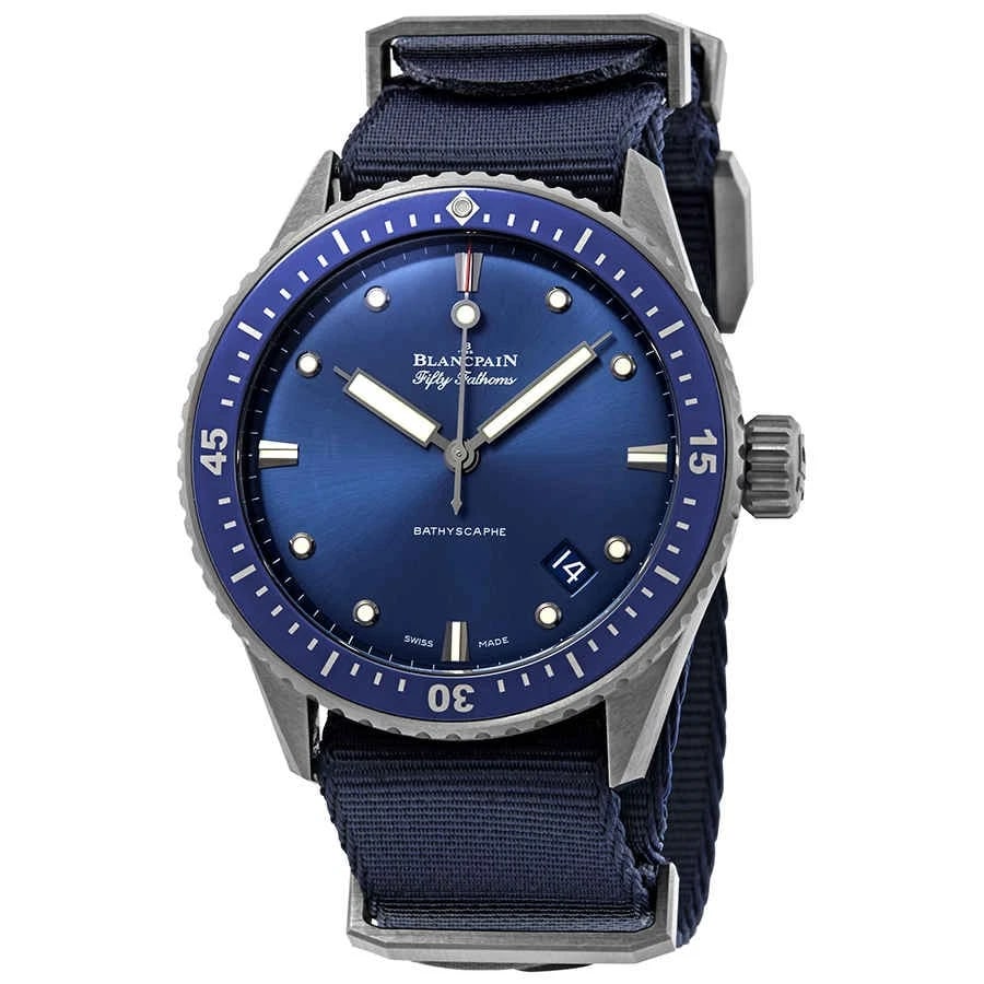 BLANCPAIN FIFTY FATHOMS BATHYSCAPHE AUTOMATIC BLUE DIAL: Blancpain Fifty Fathoms Bathyscaphe Automatic Blue Dial Brand: Blancpain Type: Wristwatch Material: Band Material Fabric, Case Material Ceramic Color: Band Color Blue, Case Color Gray, Dial Color B