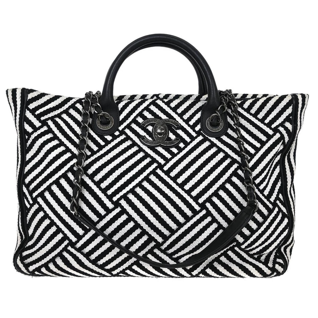 CHANEL BLACK CANVAS SMALL DEAUVILLE 2WAY TOTE BAG: Chanel Black Canvas Small Deauville 2way Tote Bag Brand: CHANEL Type: Tote Material: Fabric Color: Black Size: Size(Inch) : W 13.0 x H 9.4 x D 3.9 " Handle Drop. 2.8 " Strap Drop. 12.6 " Accessor