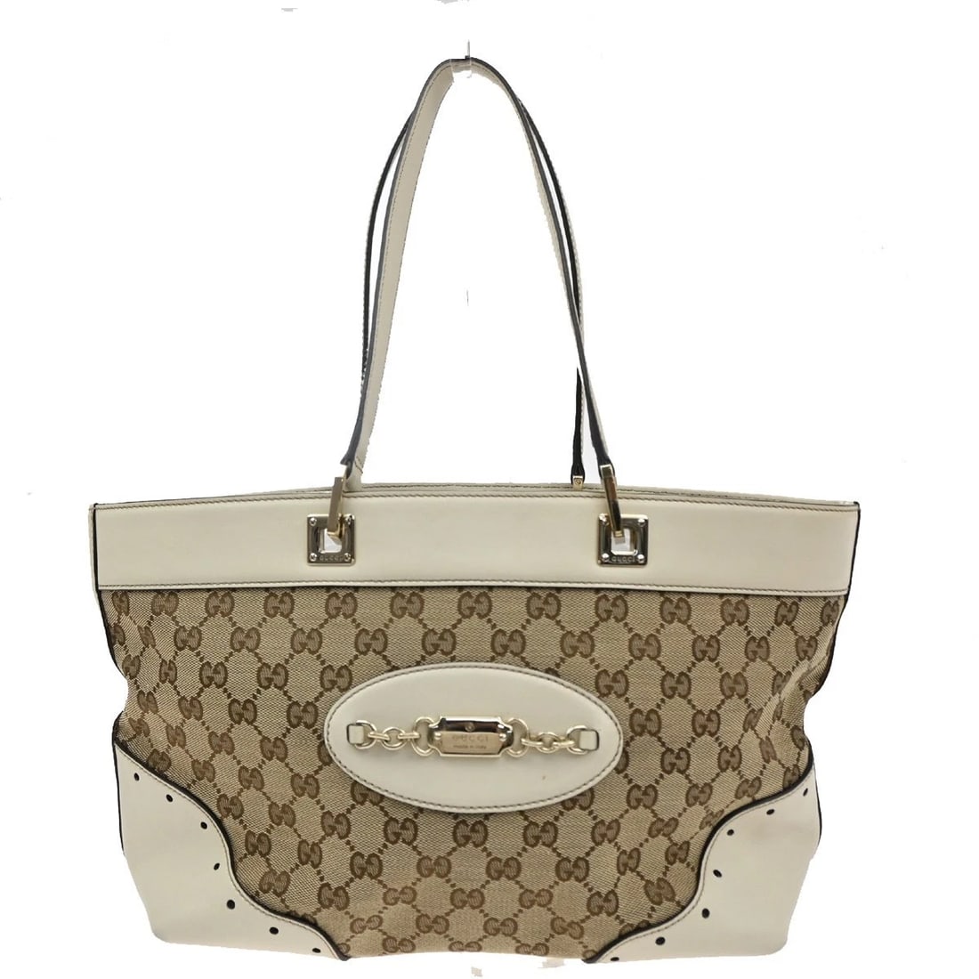 GUCCI GG LOGO SHOULDER HAND BAG CANVAS: GUCCI GG Logo Shoulder Hand Bag Canvas Brand: GUCCI Type: Shoulder Bag Material: Exterior Material Canvas, Leather Color: Exterior Color White Size: SIZE ( inch ) W 11 x H 7.5 x D 4.3 " (approx.)