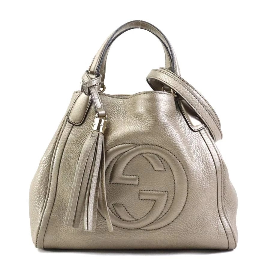 GUCCI SOHO HANDBAG SHOULDER BAG METALLIC GREIGE LEATHER: GUCCI Soho Handbag Shoulder Bag Metallic Greige Leather Brand: GUCCI Type: Handbag Material: Exterior Material leather Color: Exterior Color Metallic Greige Size: Size [inch] (Bottom)W:10.2inx H:9