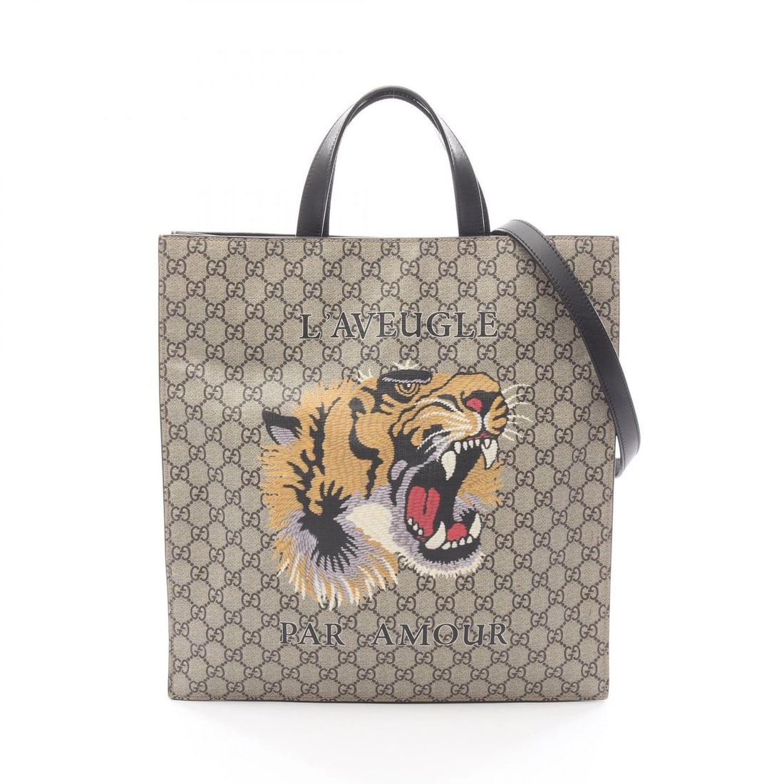 GUCCI GG SUPREME TIGER SHOULDER TOTE BAG: GUCCI GG Supreme Tiger Shoulder Tote Bag Brand: GUCCI Type: Tote Bag Material: PVC coated canvas × leather Color: Beige??ish colors × Multicolor??ish colors Size: H:37cm x W:35.5cm x D:7cm (H:14.6" 