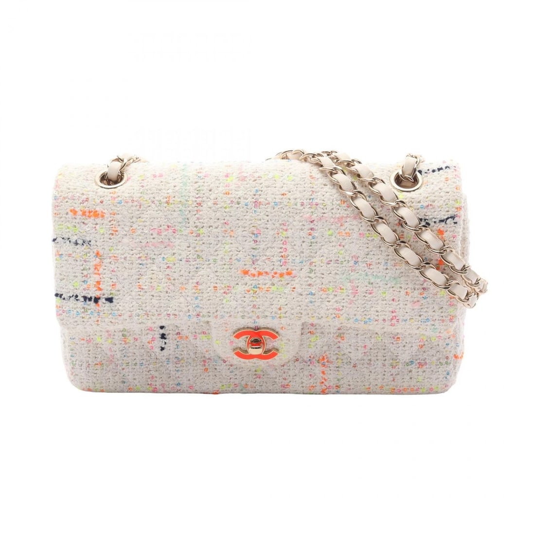 CHANEL MATELASSE W FLAP CHAIN SHOULDER BAG: CHANEL Matelasse W flap Chain Shoulder Bag Brand: CHANEL Type: Shoulder Bag Material: Fabric Color: White??ish colors × Multicolor??ish colors Size: H:16cm x W:25cm x D:6.5cm (H:6.3" x W:9.8" x D