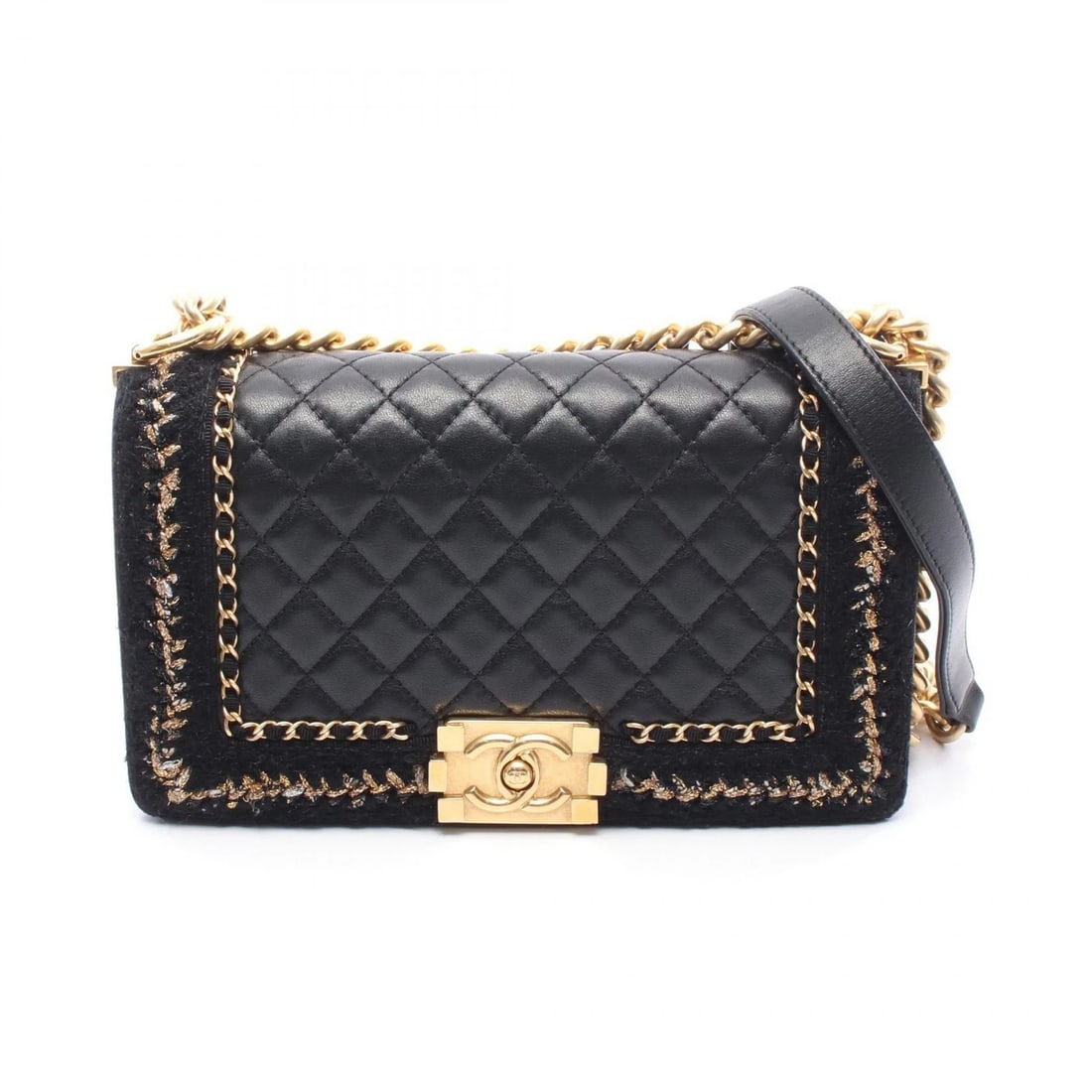 CHANEL BOY LARGE MATELASSE CHAIN SHOULDER BAG: CHANEL Boy Large Matelasse Chain Shoulder Bag Brand: CHANEL Type: Shoulder Bag Material: Lambskin (sheep leather) × Fabric Color: Black??ish colors × Gold??ish colors Size: H:15cm x W:25cm x D:7