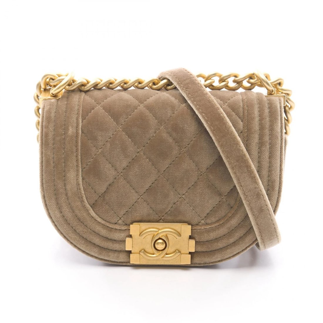 CHANEL BOY CHANEL MINI MATELASSE CHAIN SHOULDER BAG: CHANEL Boy Chanel Mini Matelasse chain Shoulder Bag Brand: CHANEL Type: Shoulder Bag Material: Fabric Color: Khaki??ish colors Size: H:9cm x W:10cm x D:3cm (H:3.5" x W:3.9" x D:1.2") Strap drop?29