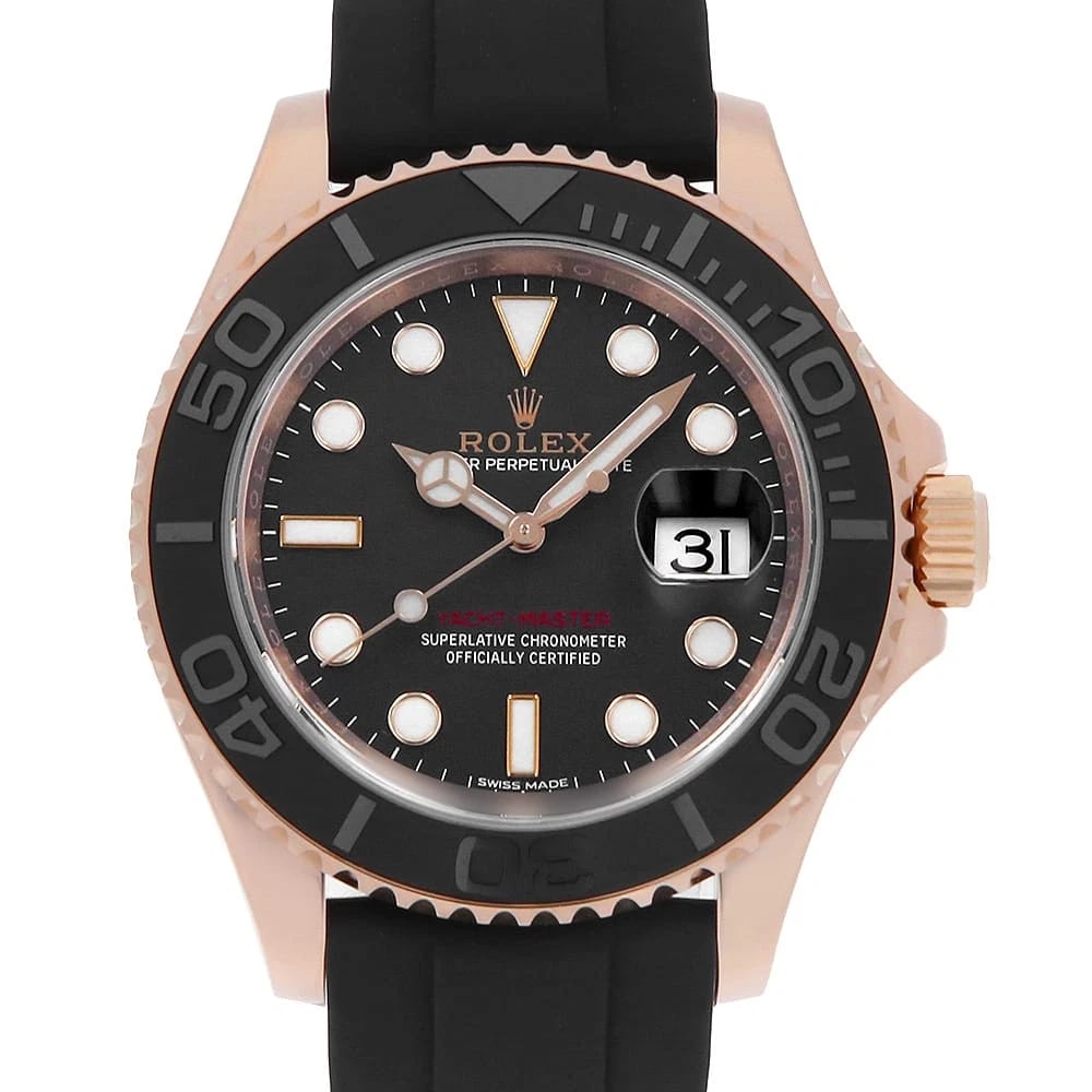 ROLEX YACHT MASTER 40 BLACK: ROLEX Yacht master 40 black Brand: ROLEX Type: Wrist watch Material: Band Material rubber, Case Material Everose Gold Color: Black Size: Band Size 17cm (6.7inch), Case Size Diameter 40mm (Not incl