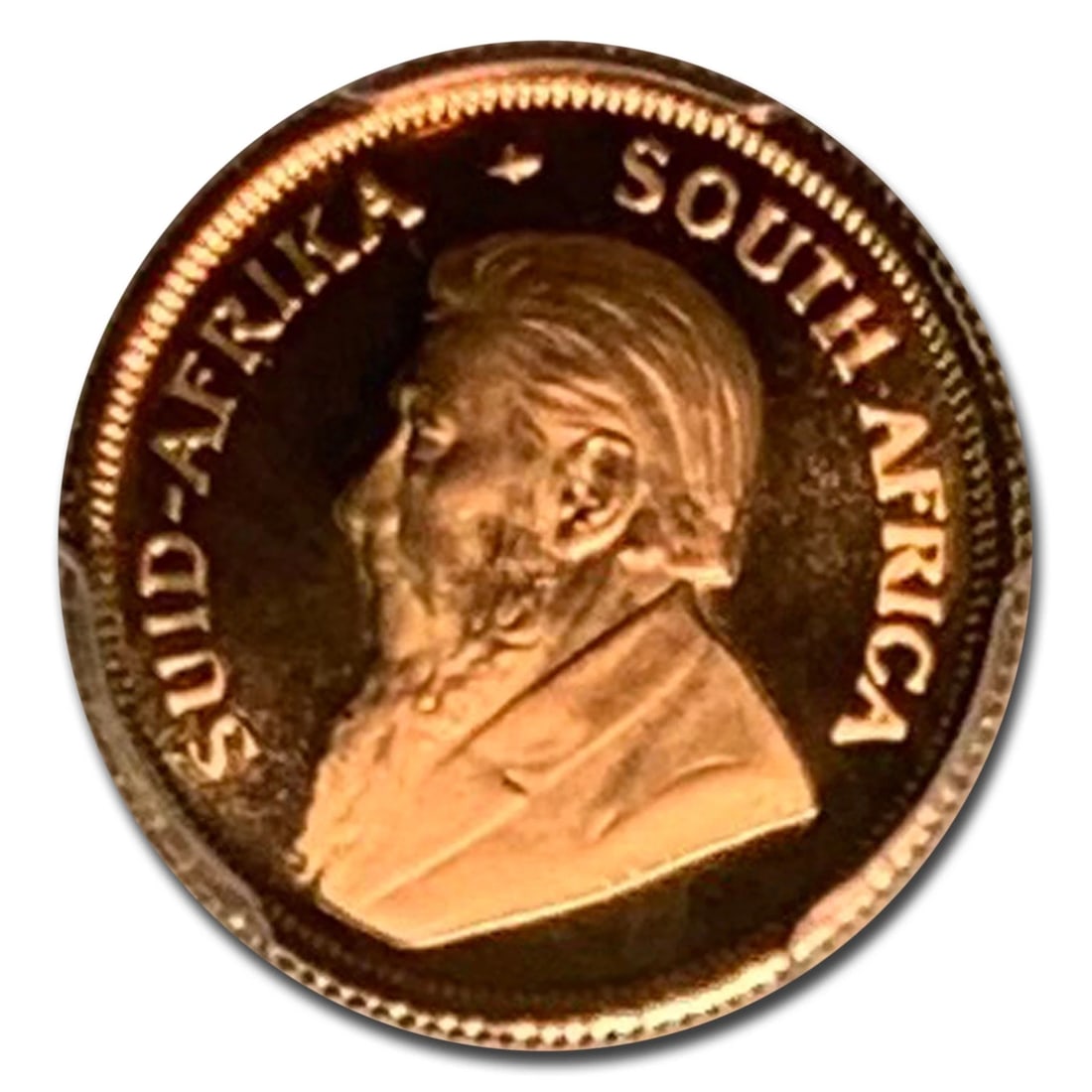 1984 SOUTH AFRICA GOLD KRUGERRAND PR-69: 1984 South Africa Gold Krugerrand PR-69 Brand: South African Mint Year: 1984 Certification: PCGS Fineness: 0.9167 Brand/Mint: None Coin: None Grade: PR69DCAM Denomination: None <