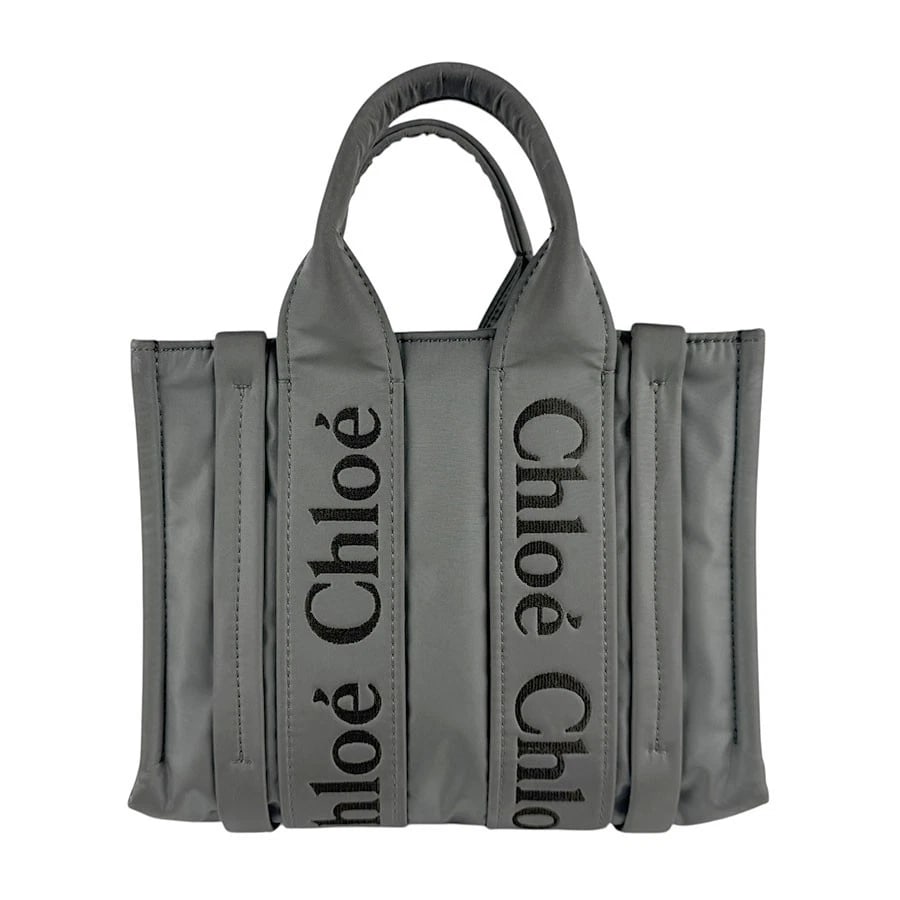 CHLOE WOODY SMALL HANDBAG SHOULDER BAG: Chloe Woody Small Handbag Shoulder Bag Brand: Chloe Type: Handbag Material: Exterior Material Nylon Color: Exterior Color Gray Size: Size [inch] W:9.8inx H:7.9inx D:2.8in Handle Length:10.6in Shou