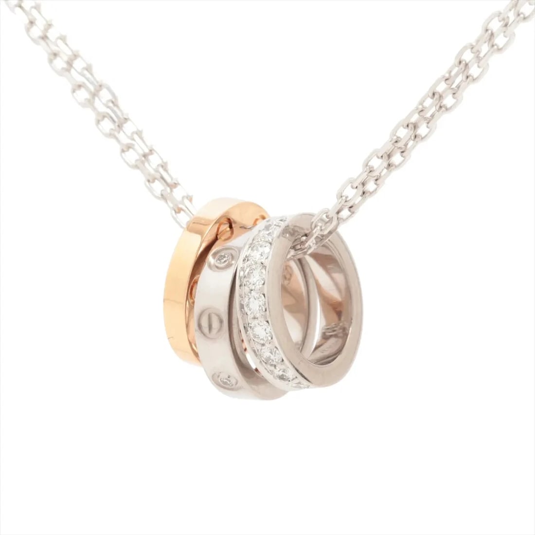 CARTIER LOVE THREE HOOP DIAMOND NECKLACE: Cartier Love Three Hoop diamond Necklace Brand: Cartier Type: Necklace Material: 750(PG×WG) Color: Not Specified Size: Chain length:41.3(CM) Accessories: None Accessories Notice: When purc