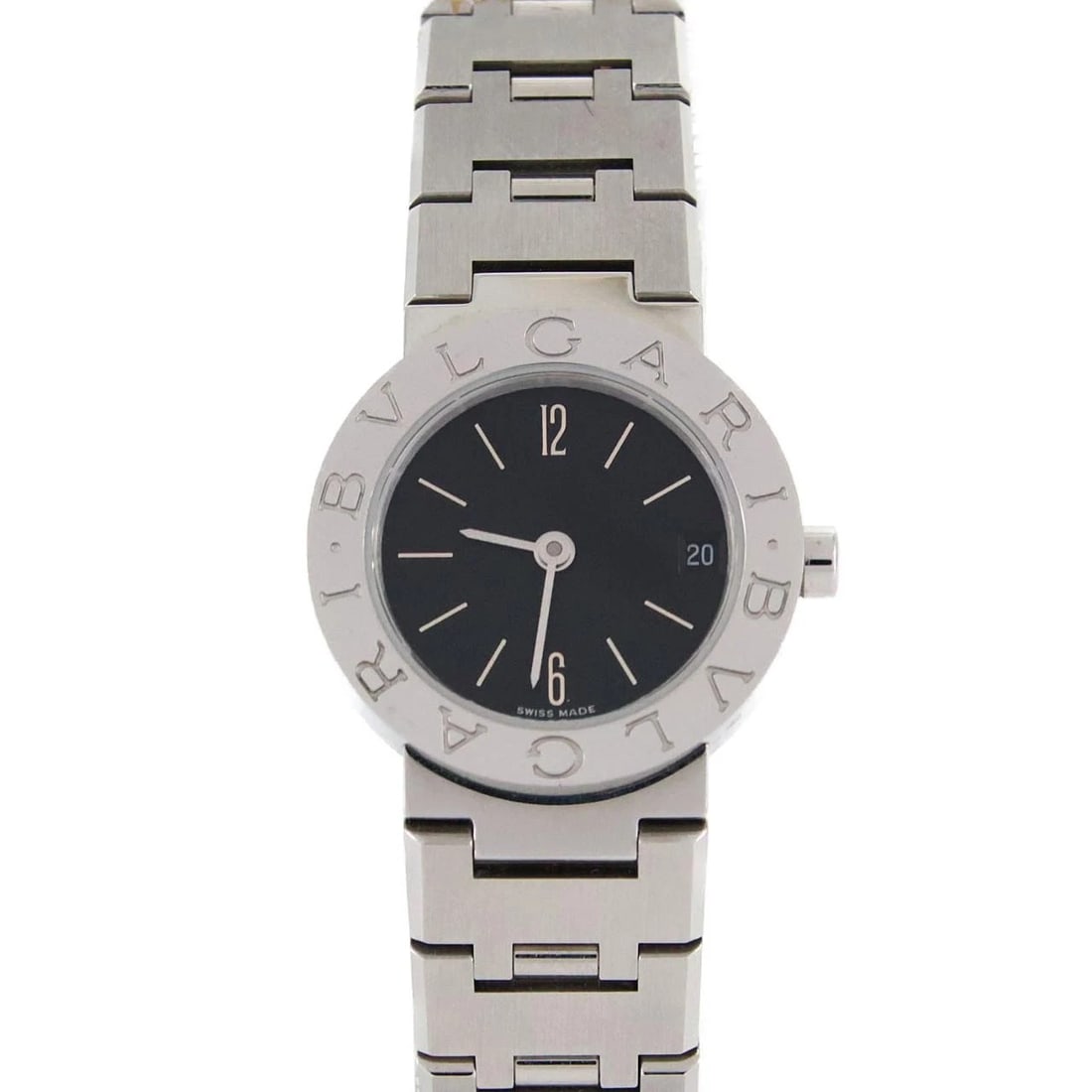 BVLGARI SS QUARTZ: BVLGARI SS Quartz Brand: BVLGARI Type: Wristwatch Material: Case: SST Bracelet: SST Color: Dial Colors: Black Size: Case diameter: 23mm Max Wrist size: 15.5cm Accessories: None Accessories