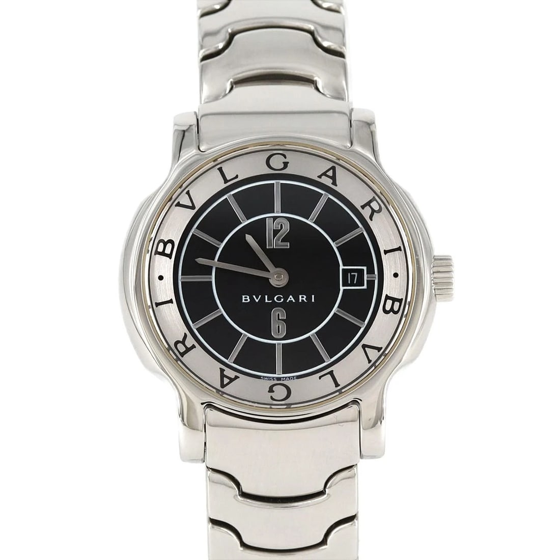 BVLGARI SOLOTEMPO SS QUARTZ: BVLGARI Solotempo SS Quartz Brand: BVLGARI Type: Wristwatch Material: Case: SST Bracelet: SST Color: Dial Colors: Black Size: Case diameter: 29mm Max Wrist size: 15.5cm Accessories: None A