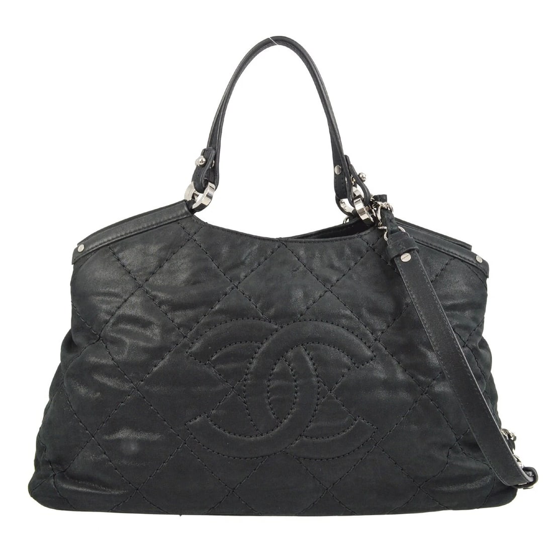 CHANEL BLACK GLITTER FABRIC WILD STITCH 2WAY TOTE HANDBAG: Chanel Black Glitter Fabric Wild Stitch 2way Tote Handbag Brand: CHANEL Type: Tote Material: Glitter Fabric Color: Black Size: W 14.6 x H 9.1 x D 5.5 " Handle Drop. 5.5 " Strap Drop. 18.9 " Acces