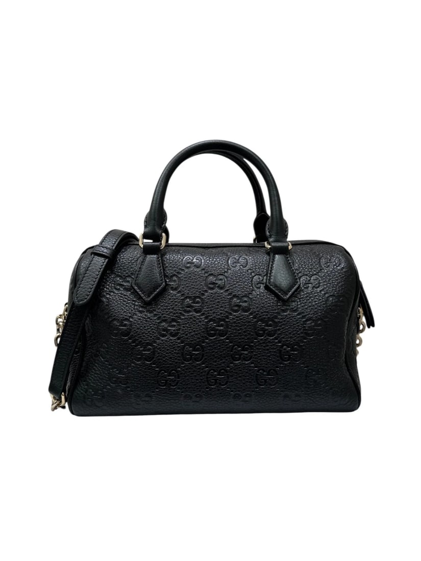 GUCCI GG EMBLEM MEDIUM BOSTON BAG: GUCCI GG Emblem Medium Boston Bag Brand: GUCCI Type: Handbag Material: Gg Grain Leather, Cotton Linen Lining Color: Black Size: H:15cm / W:24cm / D:8cm [ Handle size ] 10cm Accessories: None <