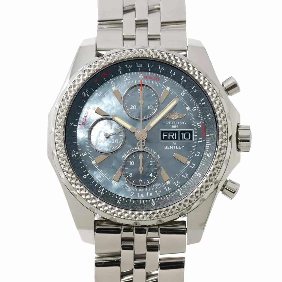 BREITLING BENTLEY CHRONOGRAPH BLUE SHELL WATCH: BREITLING Bentley Chronograph Blue Shell Watch Brand: BREITLING Type: Wristwatch Material: Stainless steel Size: CaseSize Length 50mm(included lag) CaseSize Depth 15mm, CaseSize Width 45mm(not incl