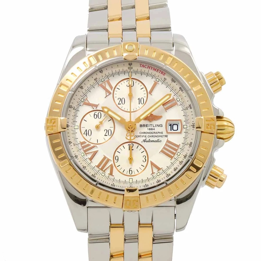 BREITLING CHRONOMAT EVOLUTION WHITE DIAL YELLOW GOLD: BREITLING Chronomat Evolution White Dial Yellow Gold Brand: BREITLING Type: Wristwatch Material: Stainless steel,Pink Gold Size: CaseSize Length 51mm(included lag) CaseSize Depth 17mm, CaseSize Wid