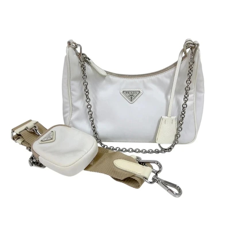 PRADA RE-EDITION WHITE SHW NYLON: PRADA Re-Edition White SHW Nylon Brand: PRADA Type: Handbag Material: Nylon Color: White/SV Hardware Size: W: 22cm / H: 13cm / D: 6cm / Shoulder: 80-110cm Accessories: None Accessories Not