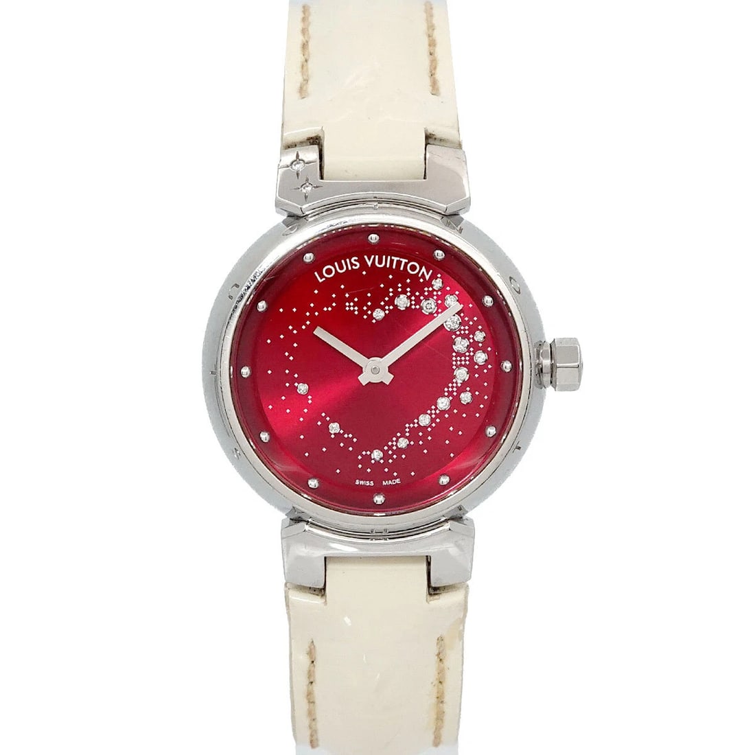 LOUIS VUITTON TAMBOUR ATTRACTION HEART DIAMOND RED DIAL: LOUIS VUITTON Tambour Attraction heart Diamond Red Dial Brand: LOUIS VUITTON Type: Wristwatch Material: Stainless steel,Diamond,Leather Size: CaseSize Length 36mm(included lag) CaseSize Depth 8.5mm
