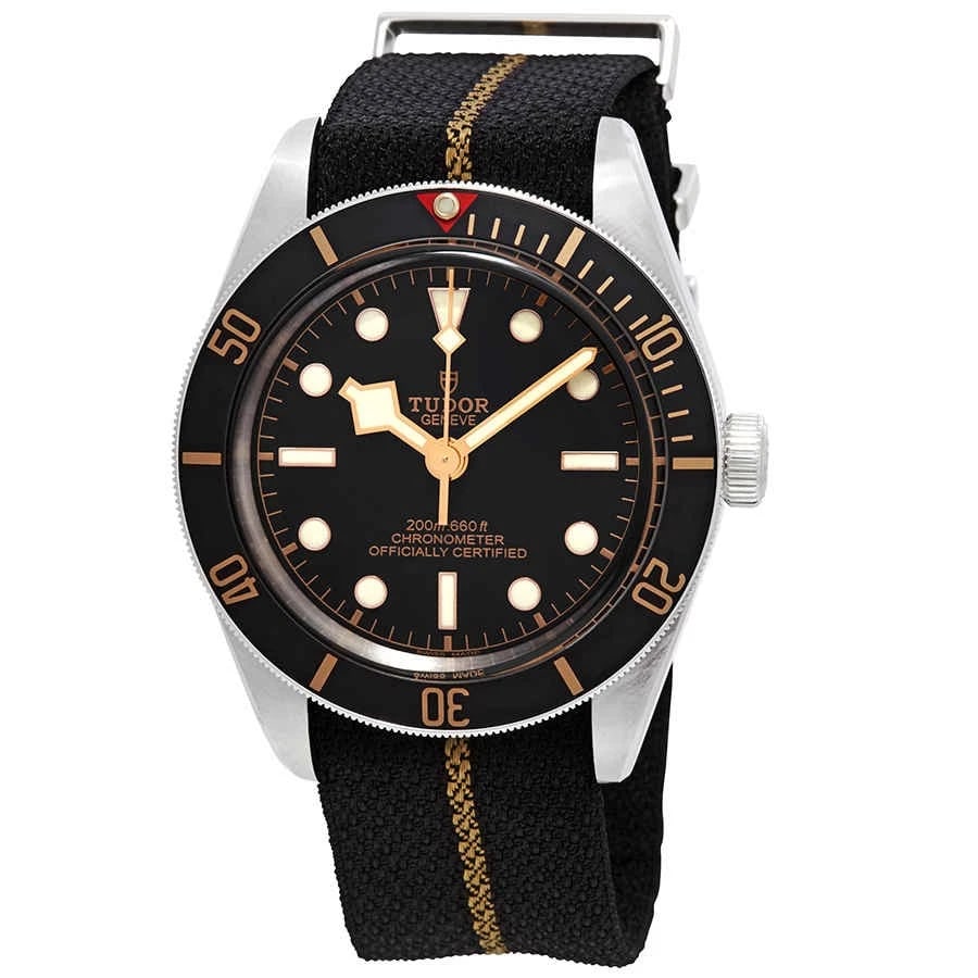 TUDOR BLACK BAY AUTOMATIC BLACK DIAL WATCH: Tudor Black Bay Automatic Black Dial Watch Brand: TUDOR Type: Wristwatch Material: Band Material Fabric, Case Material Steel Color: Band Color Black and Gold, Dial Color Black Size: Case Size 39 m